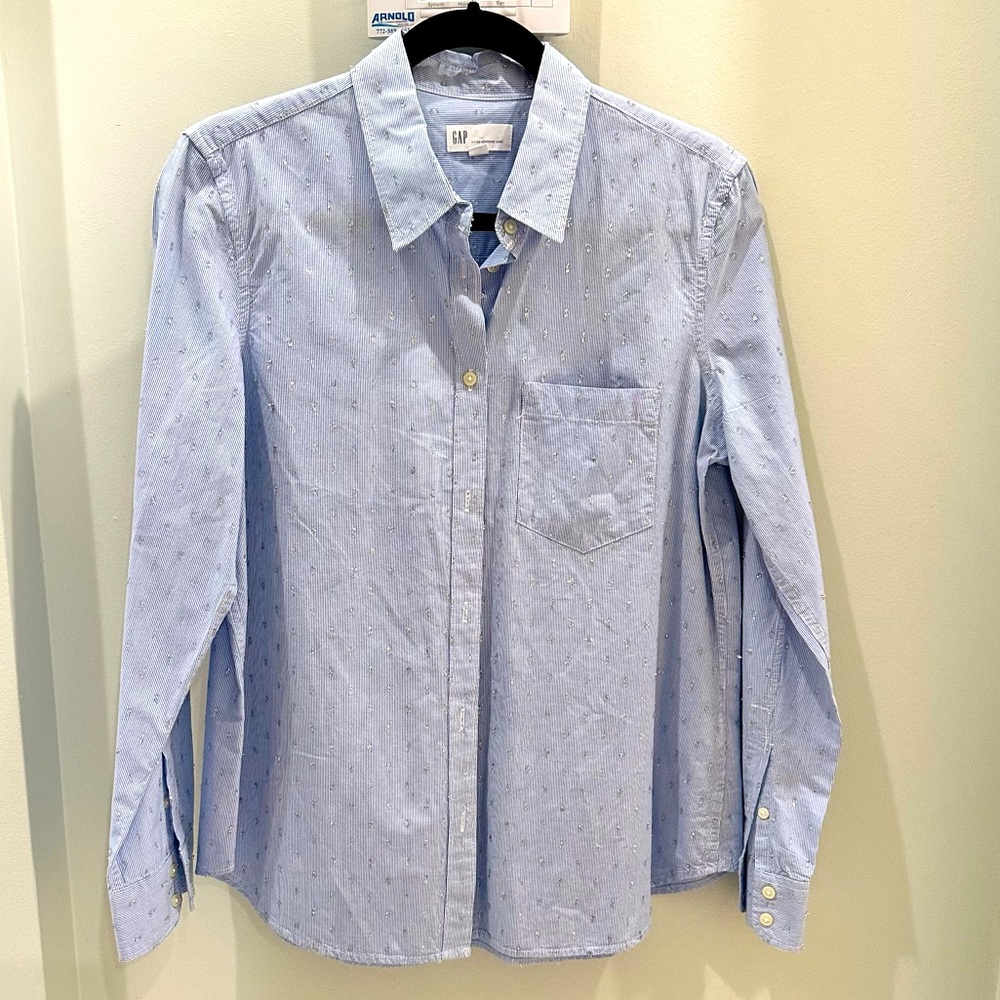 GAP Long Sleeve Button Down Shirt Light Blue Silver Thread Accents Size Large